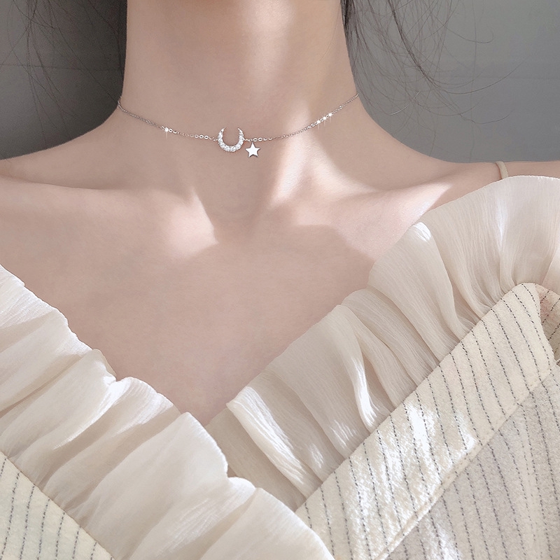 925 sterling silver chain with moon star and zircon Korean style cute