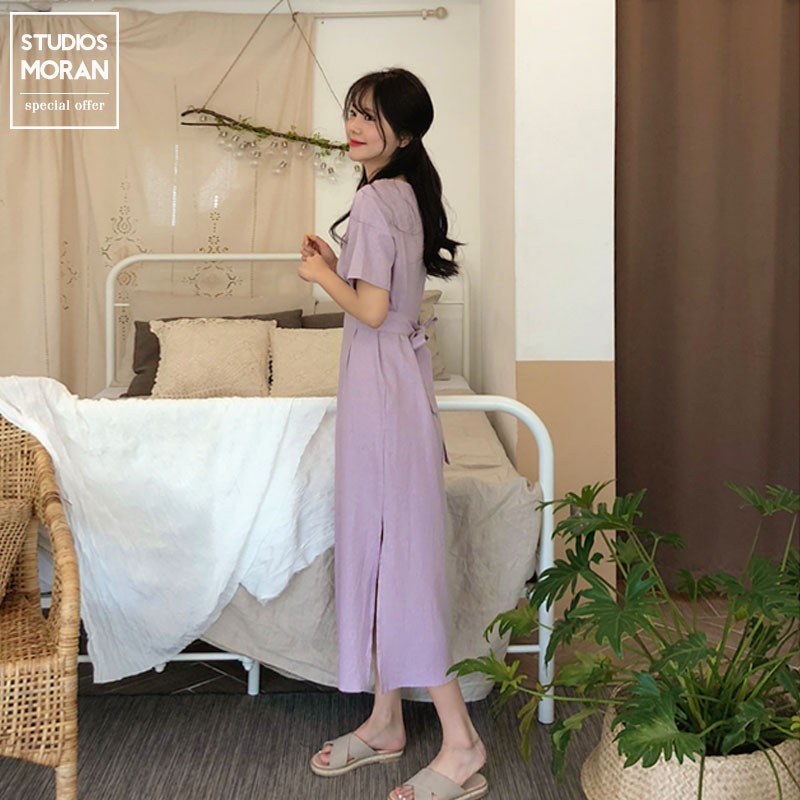 (ORDER) Váy MORAN cộc tay dáng dài đơn giản cổ vuông thắt eo nhẹ nhàng vintage Hàn Quốc