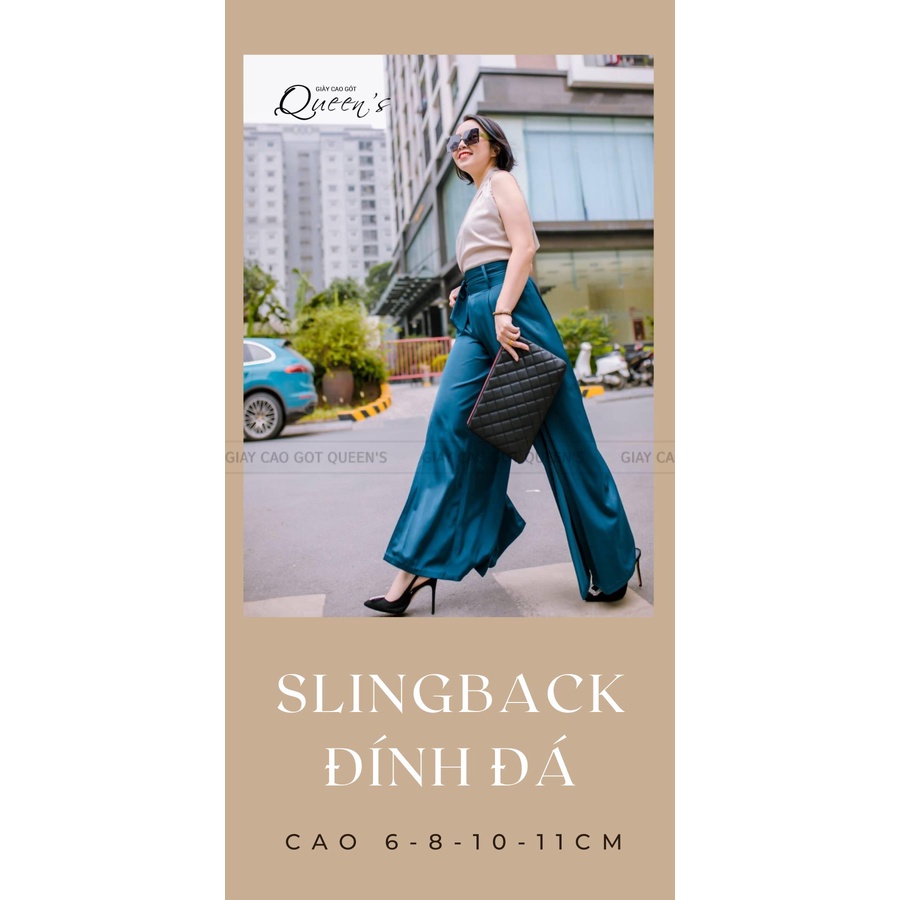 Giày Cao Gót Sandal Màu Đen Da Lộn Đính Đá Hoa, Giày Slingback Cao Gót Mũi Nhọn Quai Sau Sang Trọng Cao ấp 9-11 Phân