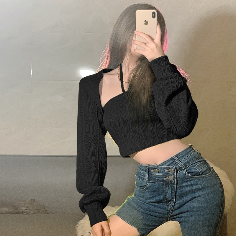 Set áo dây croptop + áo khoác tay dài màu trơn thời trang sành điệu cho nữ