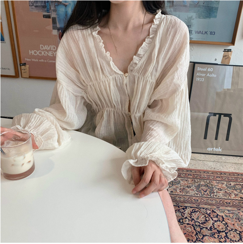 SUXI Áo kiểu màu trắng tay dài cổ chữ V thời trang Hàn Quốc thanh lịch
