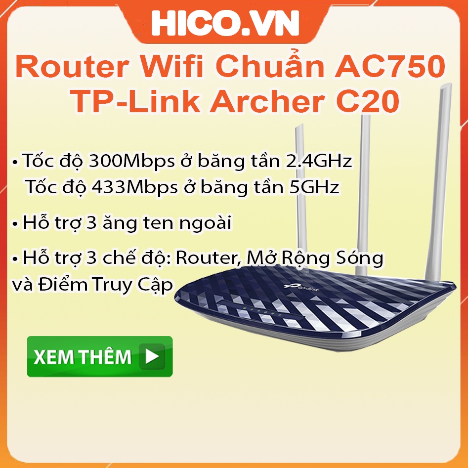 Router Wifi Chuẩn AC750 Băng Tần Kép TP-Link Archer C20 Đen - Hàng Chính Hãng - Bảo Hành 12 Tháng