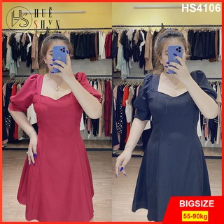 Đầm bigsize nữ 55-90kg cổ vuông tay phồng dáng xòe - Huệ Shyn Bigsize - Váy đầm bigsize đi tiệc, đi chơi - màu đỏ, đen