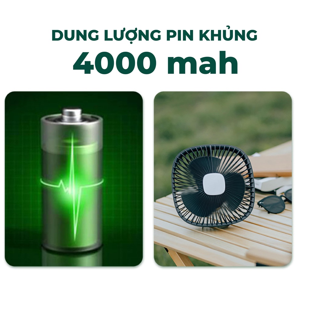 Quạt tích điện 4000mAH Siêu trâu cao cấp fesson, Quạt để bàn sạc tích điện kèm đèn tiện lợi