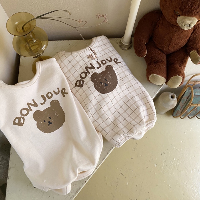 Áo thun mùa thu dành cho bé trai in hình gấu con màu trơn/ kẻ sọc caro thời trang