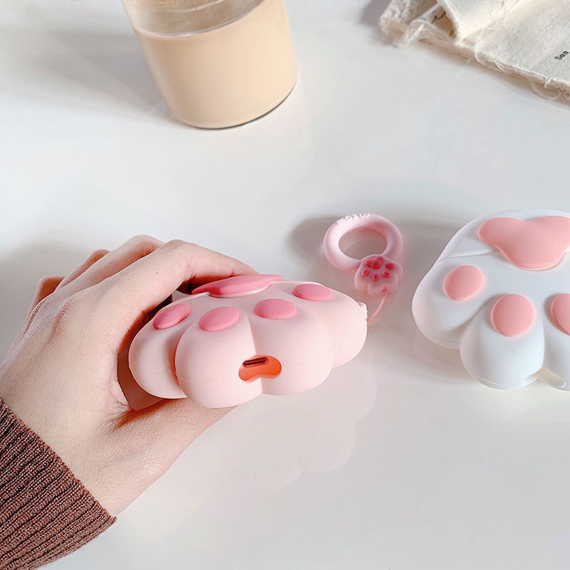 Vỏ Bảo Vệ Hộp Sạc Tai Nghe AirPods 1 2 3 Pro Bằng Silicon Hình Chân Mèo Màu Hồng Trắng Dễ Thương Kèm Dây Đeo