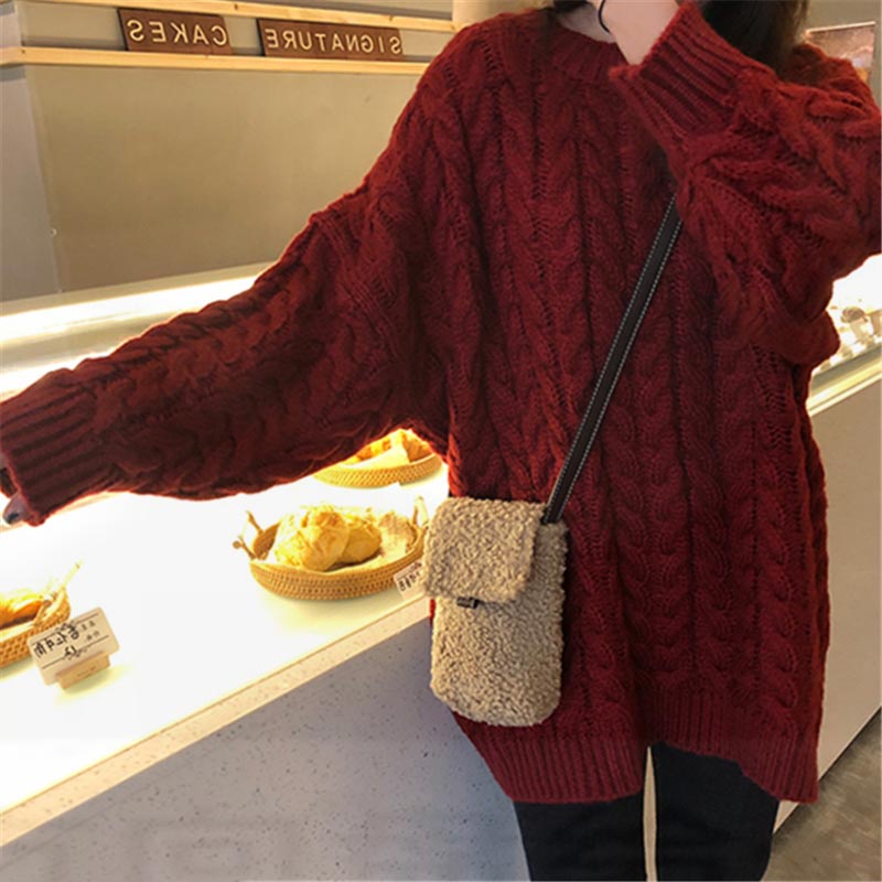 [Màu Đỏ Rượu Vang] Áo Sweater Dệt Kim Sáp Dày Dài Trung Bình Mềm Mại Thời Trang
