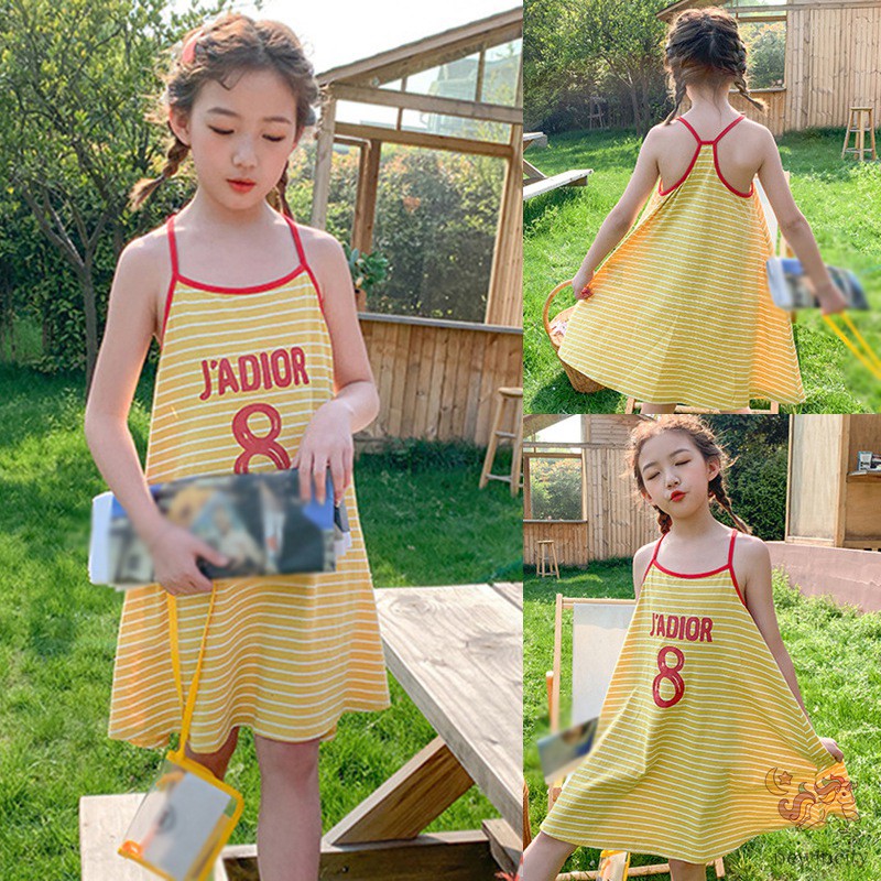 Đầm Hai Dây Họa Tiết Kẻ Sọc Thời Trang Mùa Hè Hàn Quốc Cho Bé Gái
