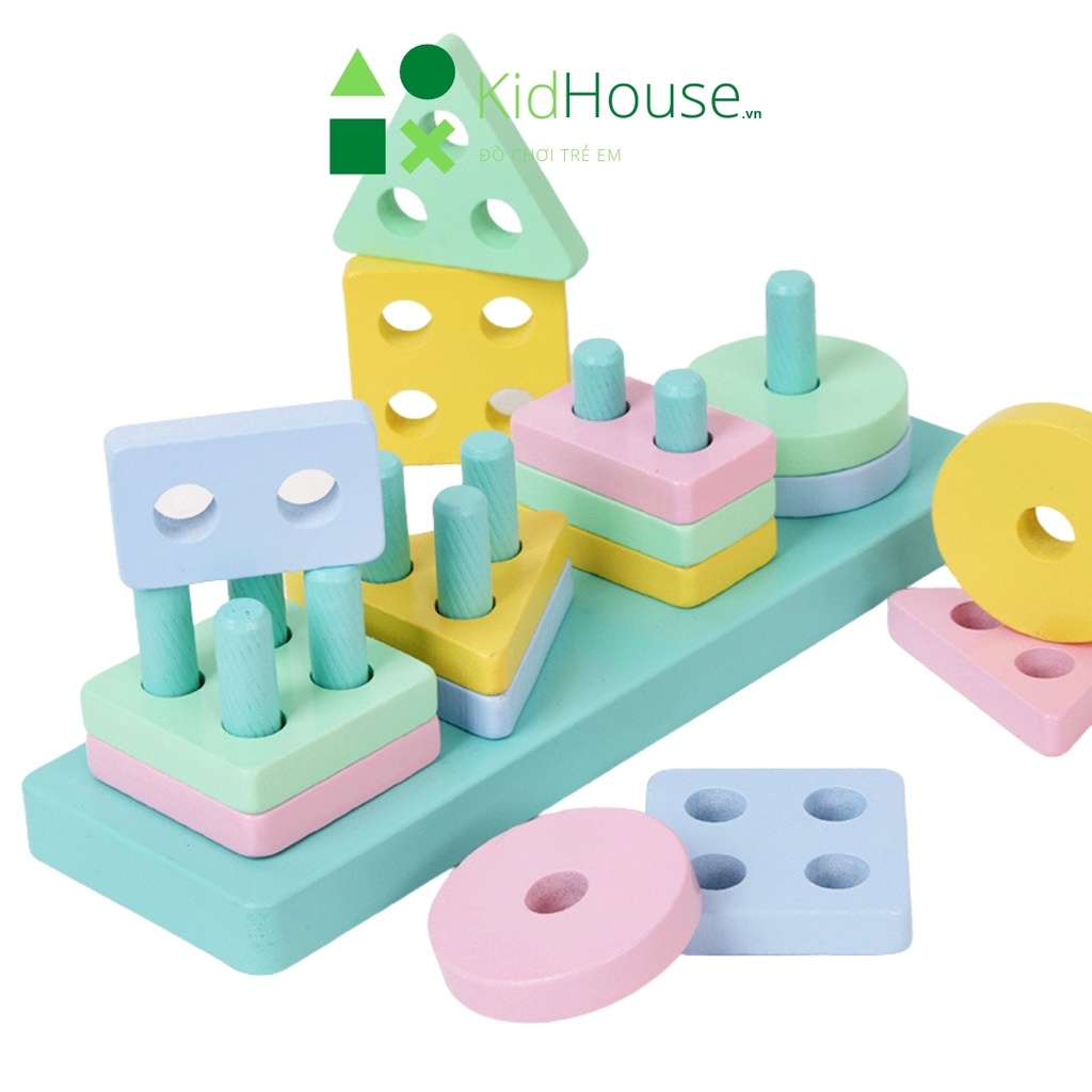 Đồ chơi gỗ thông minh cho bé montessori, bộ thả hình khối 4 trụ thương hiệu KidHouse.vn