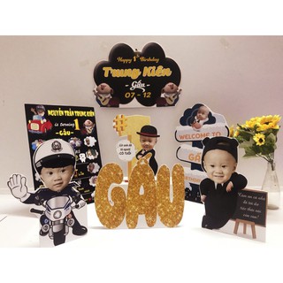 Set chibi trang trí sinh nhật thôi nôi đầy tháng bé trai bé gái Gấu