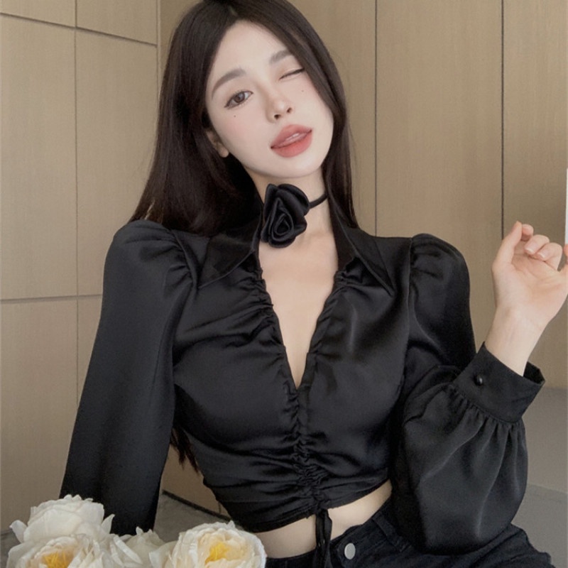 Áo Sơ Mi Chiffon Tay Dài Cổ V Phối Dây Rút Thời Trang Dành Cho Nữ