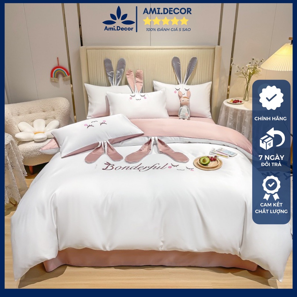Bộ chăn ga gối lụa Bonderful họa tiết tai thỏ cực kỳ dễ thương, chất lụa mềm mịn thoáng mát, miễn phí bo chun  Ami.Decor