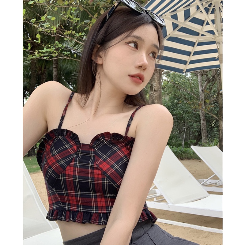 Áo Hai Dây Họa Tiết Sọc Caro Quyến Rũ Thời Trang Mùa Hè Cho Nữ