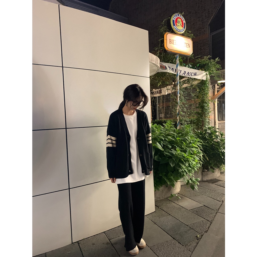 ZHELIHANGFEI Áo Khoác Cardigan Dệt Kim Dáng Rộng Cổ Chữ V Kẻ Sọc Kiểu Hàn Quốc