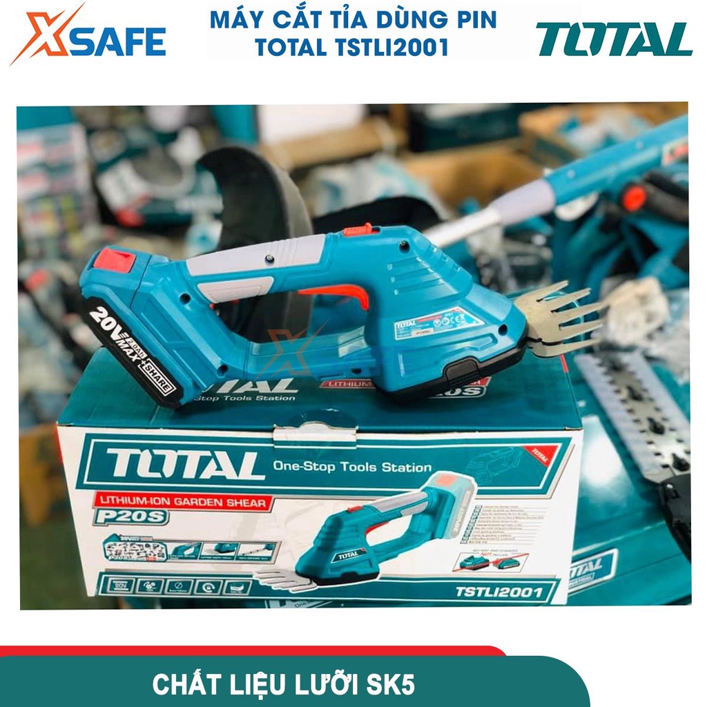 Máy cắt hàng rào dùng pin 20V TOTAL TSTLI2001, chiều rộng máy cắt của tông đơ 200mm,chiều rộng lưỡi cắt cỏ 100mm