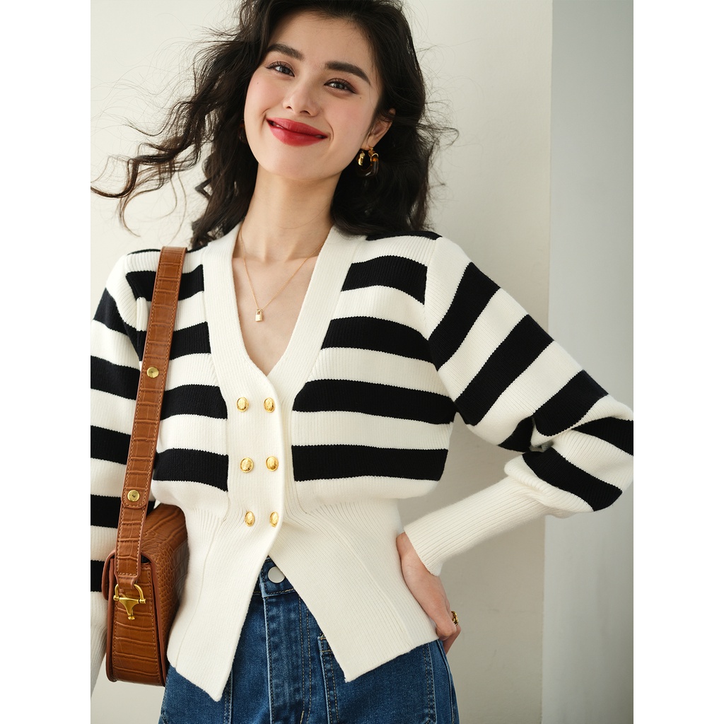 Áo khoác cardigan dệt kim ZHELIHANGFEI tay dài cổ chữ V họa tiết sọc thời trang sành điệu cho nữ