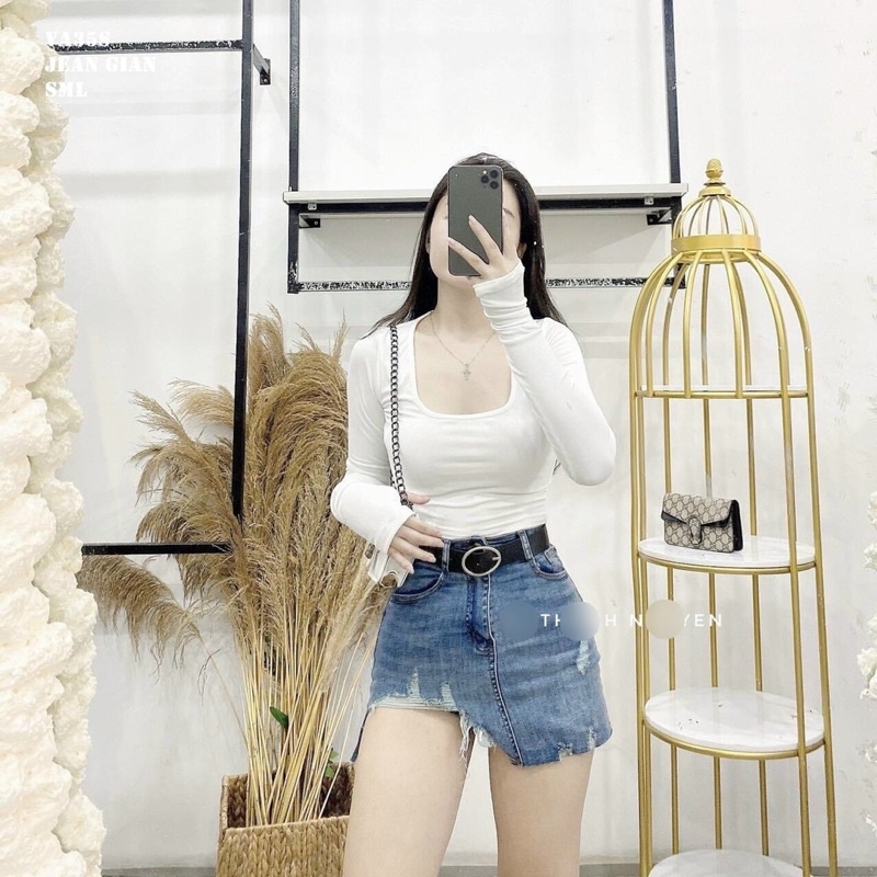 chân vây jeans rách form ngắn body 151021