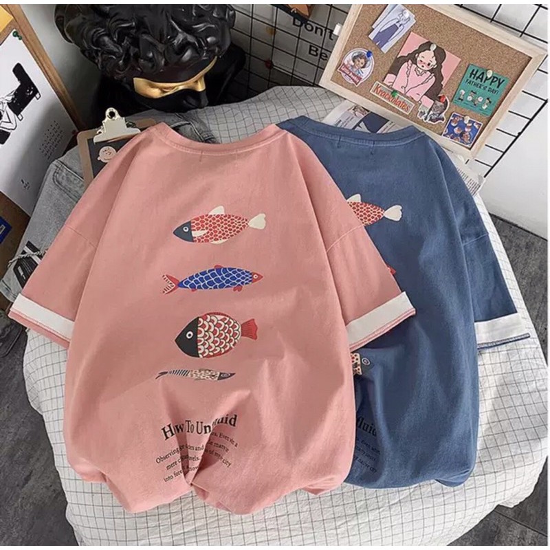 Áo thun tay lỡ form rộng phối tay in hoạ tiết chú cá - Unisex nam nữ đều mặc được