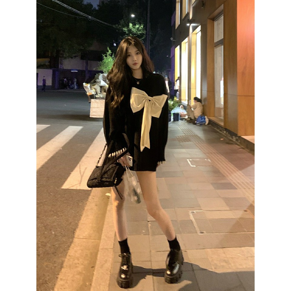 Áo len dáng rộng/ đầm dệt kim đính nơ kiểu Hàn Quốc dễ thương