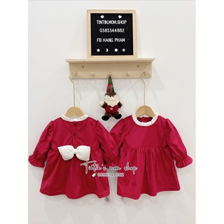 Váy nhung đỏ 2 lơps cổ bèo nơ lưng dành cho bé gái 6-24M