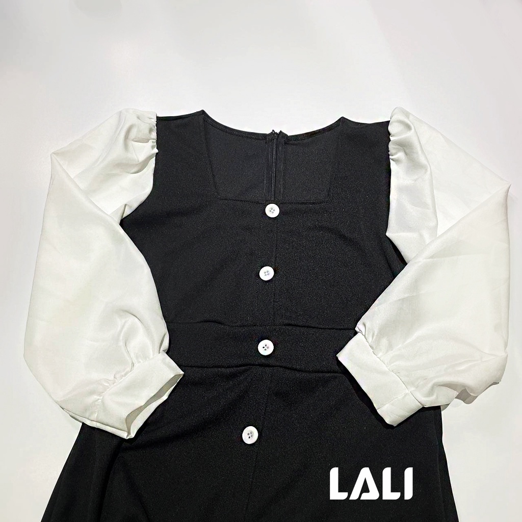 Đầm cổ vuông tay dài đính nút, đầm kiểu cổ vuông tay bồng đính nút LALI