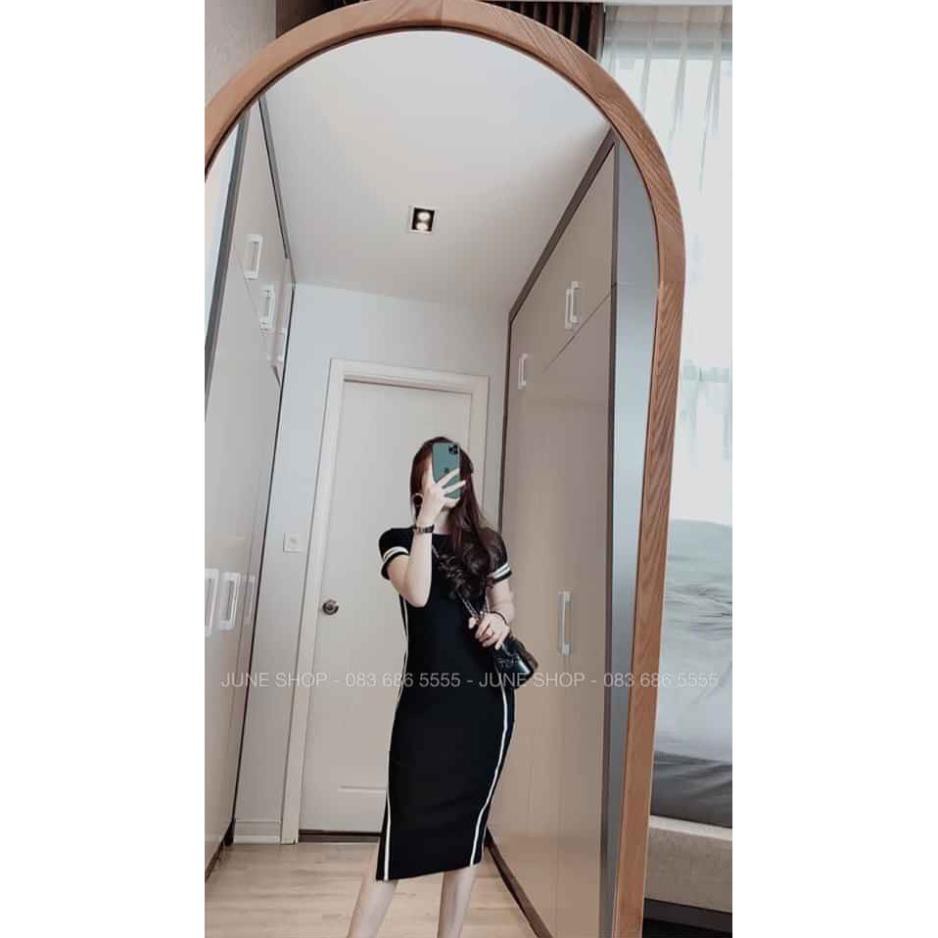 váy ôm cộc tay cổ tròn xẻ tà chất zip cotton