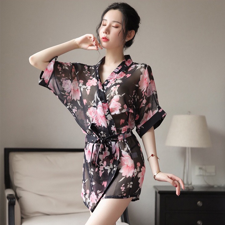 Áo choàng ngủ xuyên thấu sexy kiểu kimono in hoa văn độc đáo | BigBuy360 - bigbuy360.vn