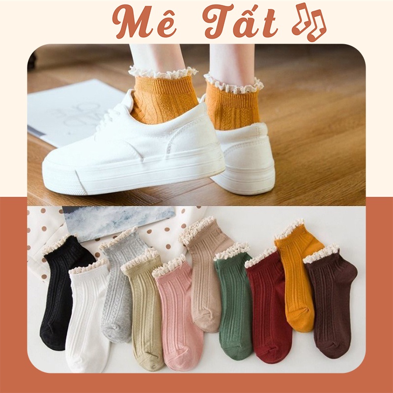 Tất cổ ngắn nữ bèo nhún METAT, set 5 đôi vớ bèo nhún nữ cổ ngắn màu trơn basic thời trang Vintage Hàn Quốc T37