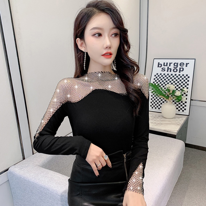 Áo Thun Tay Dài Phối Lưới Đính Đá Thiết Kế Mới Trẻ Trung Sành Điệu áo kiểu trễ vai áo lưới dài tay