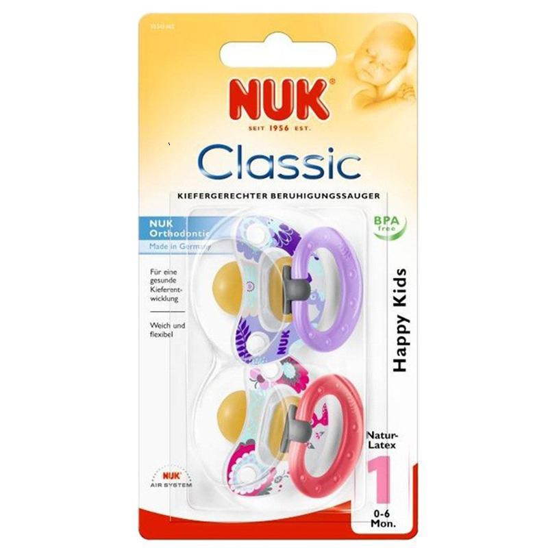 Ty ngậm Nuk Classic cao su/silicone đôi đủ size (màu ngẫu nhiên).