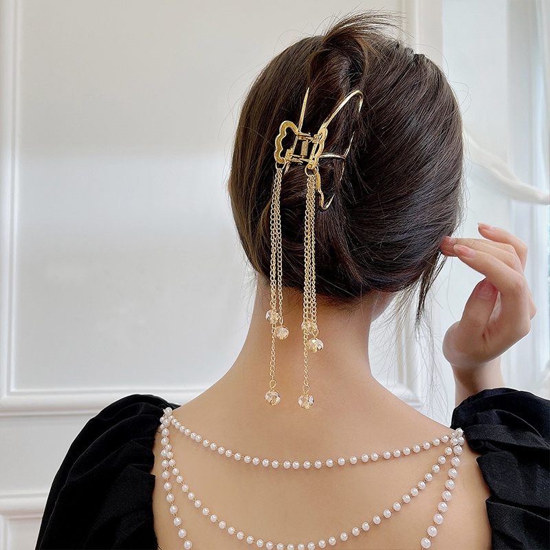 Kẹp tóc hình bướm đính ngọc trai dây thả thanh lịch cho nữ