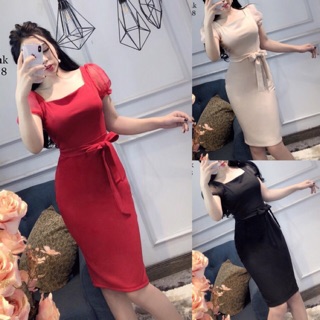 Đầm body tay lưới eo nơ m/l/xl/2xl