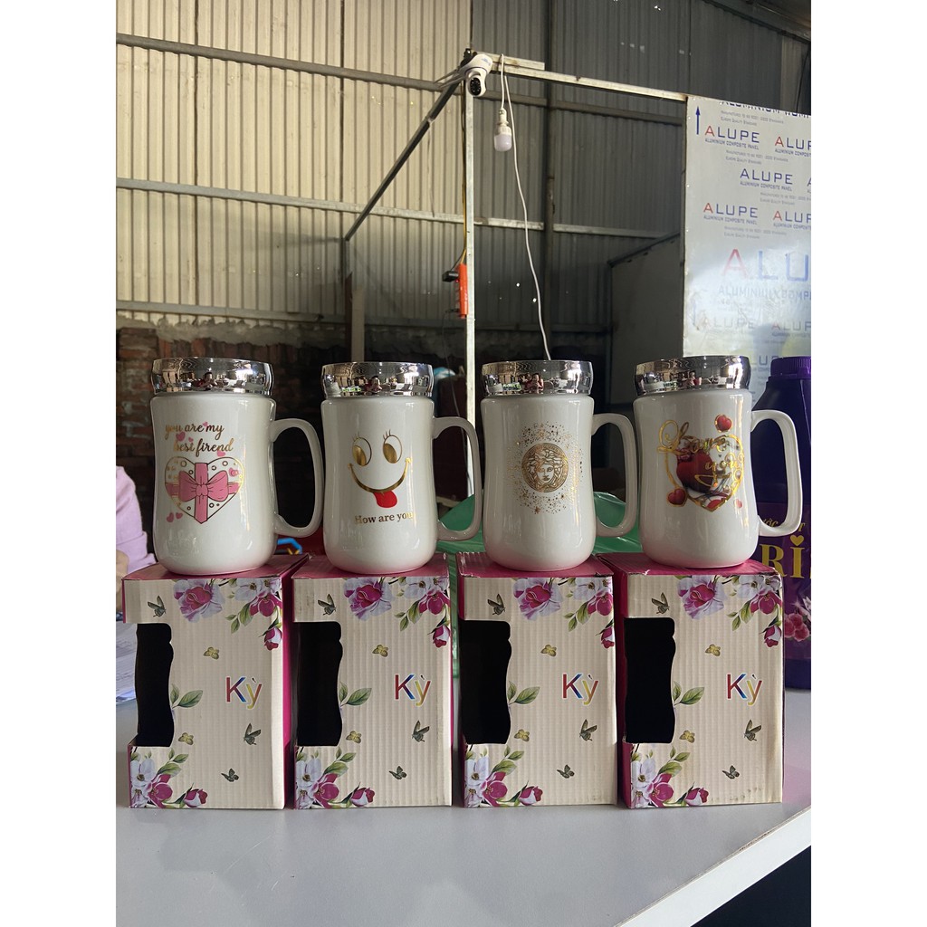 ⚡ Cốc nước giữ nhiệt có nắp trắng gương - Ly sứ tráng gương giữ nhiệt nhiều logo dễ thương, logo Starbucks