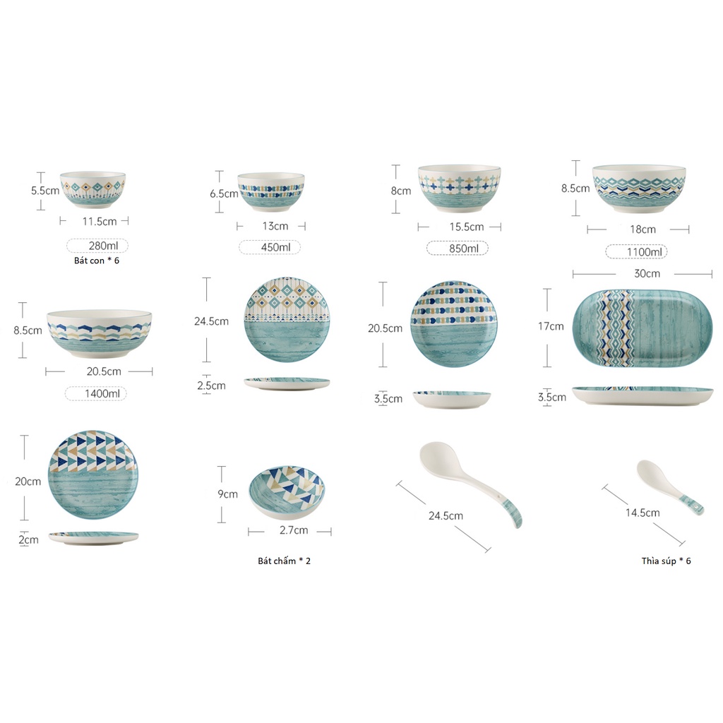 [Bán lẻ] Bộ bát đĩa gốm sứ Phương Đông cao cấp phong cách Bắc Âu mã PDS018 màu xanh đại dương.
