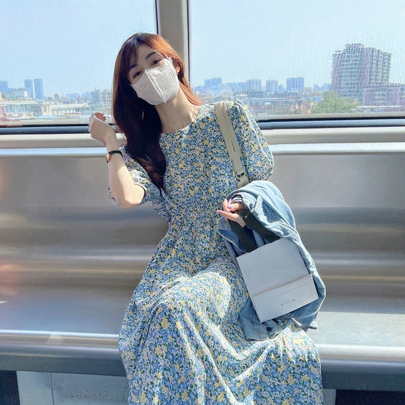 Đầm hoa ZHELIHANGFEI ngắn tay dáng dài xinh xắn thanh lịch cho nữ