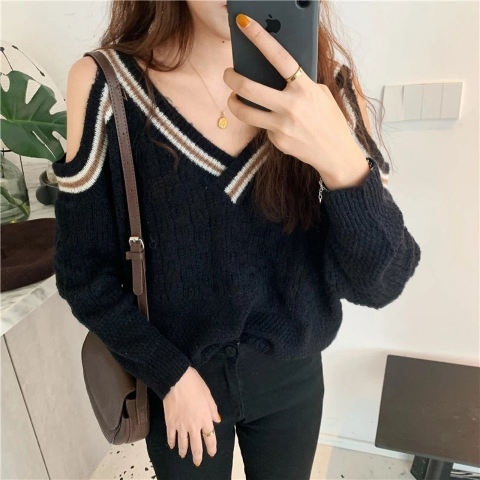 Jiashucheng Áo Sweater Dệt Kim Chui Đầu Cổ Chữ v Dáng Rộng Màu Sáng Thời Trang Xuân Thu Cho Nữ Dễ Phối Đồ