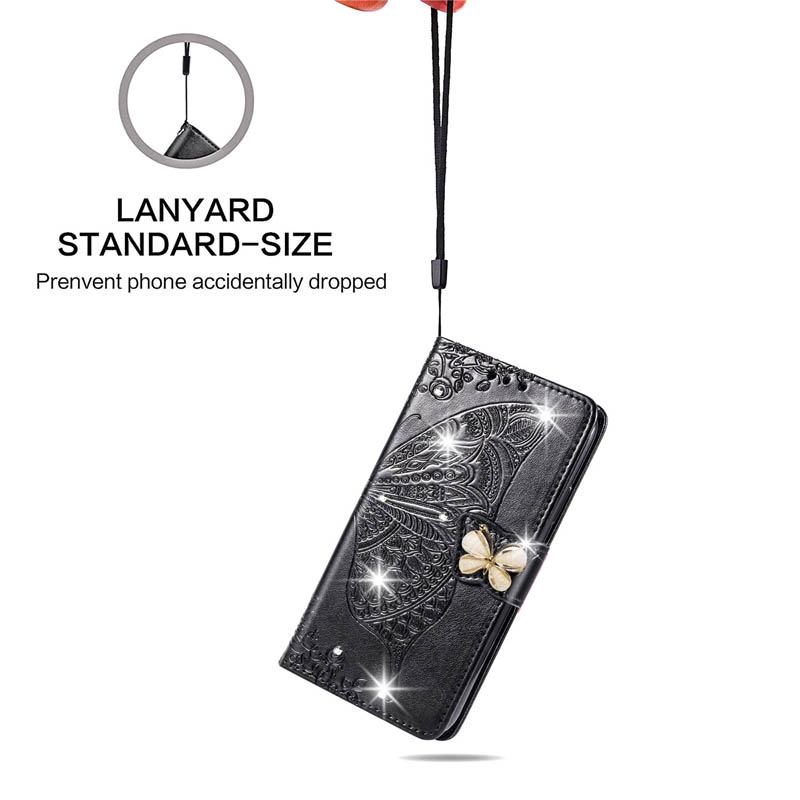 Bao da điện thoại nắp gập họa tiết bướm đính đá cho Xiaomi Redmi Note 8 7 6 Pro 8T 8A 7A