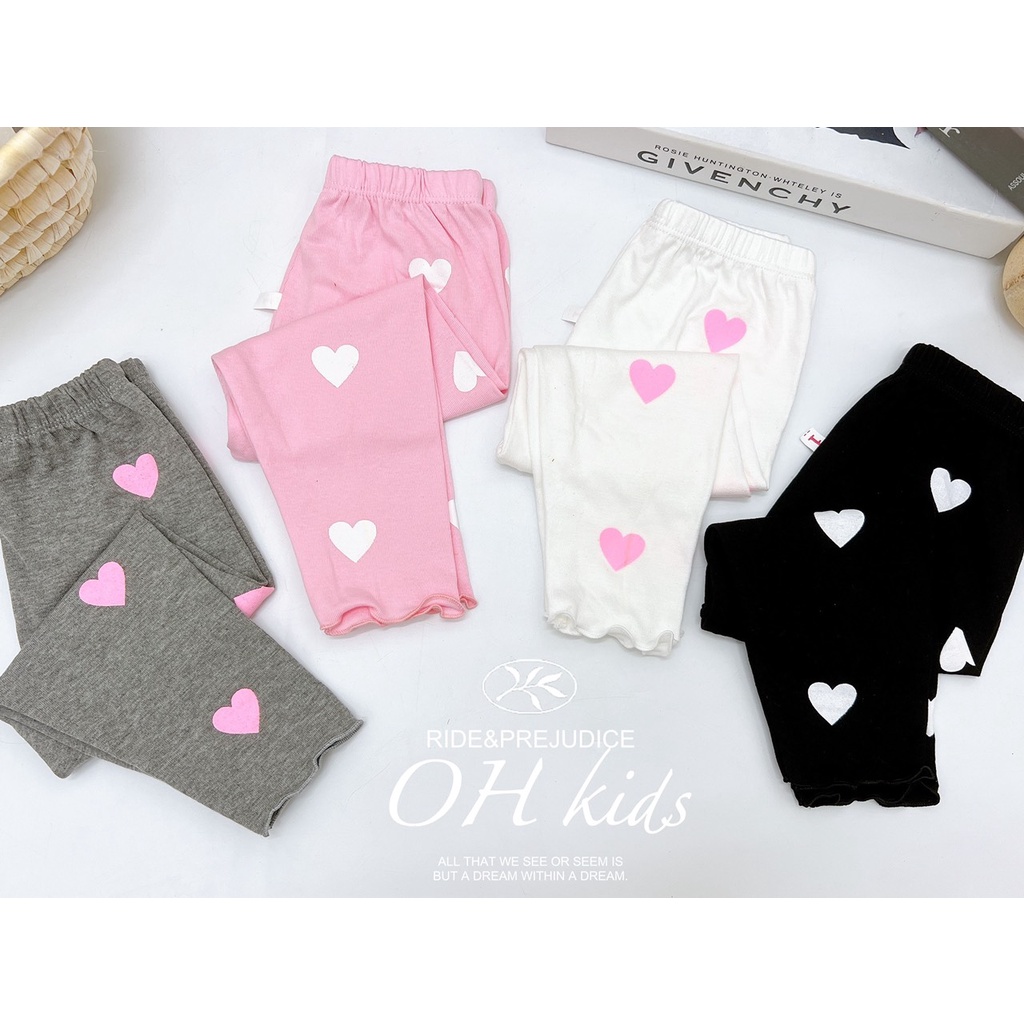 Quần legging cho bé gái, quần legging chất cotton họa tiết tim in tràn cho bé