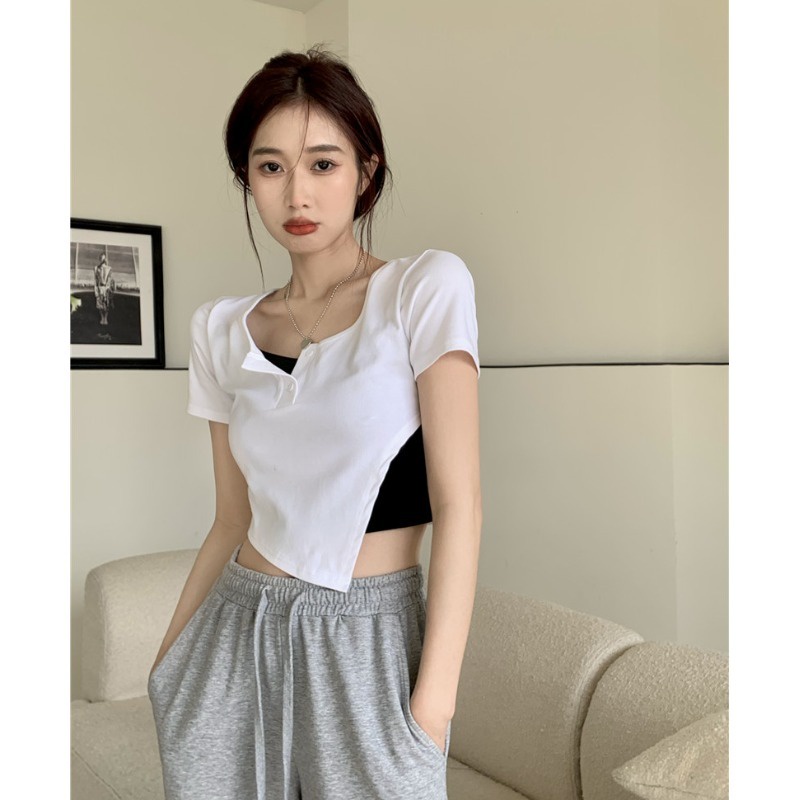 Áo thun IELGY ngắn tay thiết kế không đồng đều thời trang cho nữ