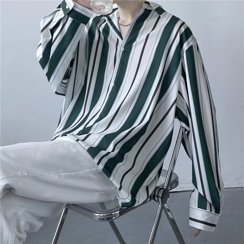 Áo Sơ Mi Dài Tay Dáng Rộng Hoa Văn Kẻ Sọc Phong Cách Retro Hàn Quốc Dành Cho Nam