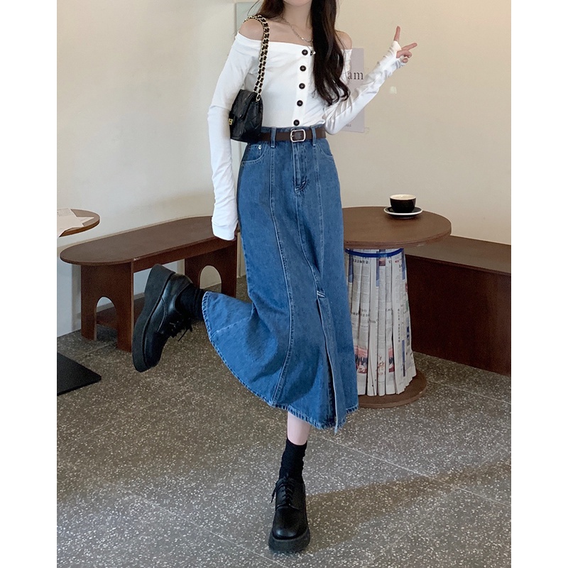 Chân váy jean kiểu dáng đuôi cá lưng cao thời trang cho nữ 45218