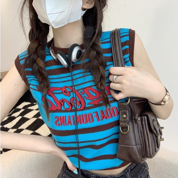 Áo kiểu ZHELIHANGFEI dệt kim sát nách thiết kế hở eo phong cách Mỹ trẻ trung thời trang