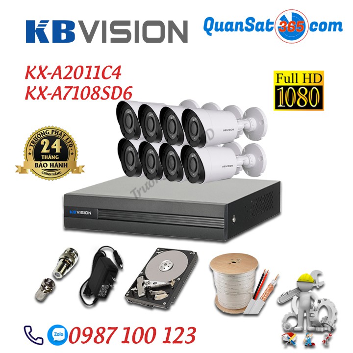 Trọn Bộ (2-8) Camera KBVISION 2.0MP full HD1080 KX-A2011C4 - Full Phụ Kiện - Hàng Chính Hãng