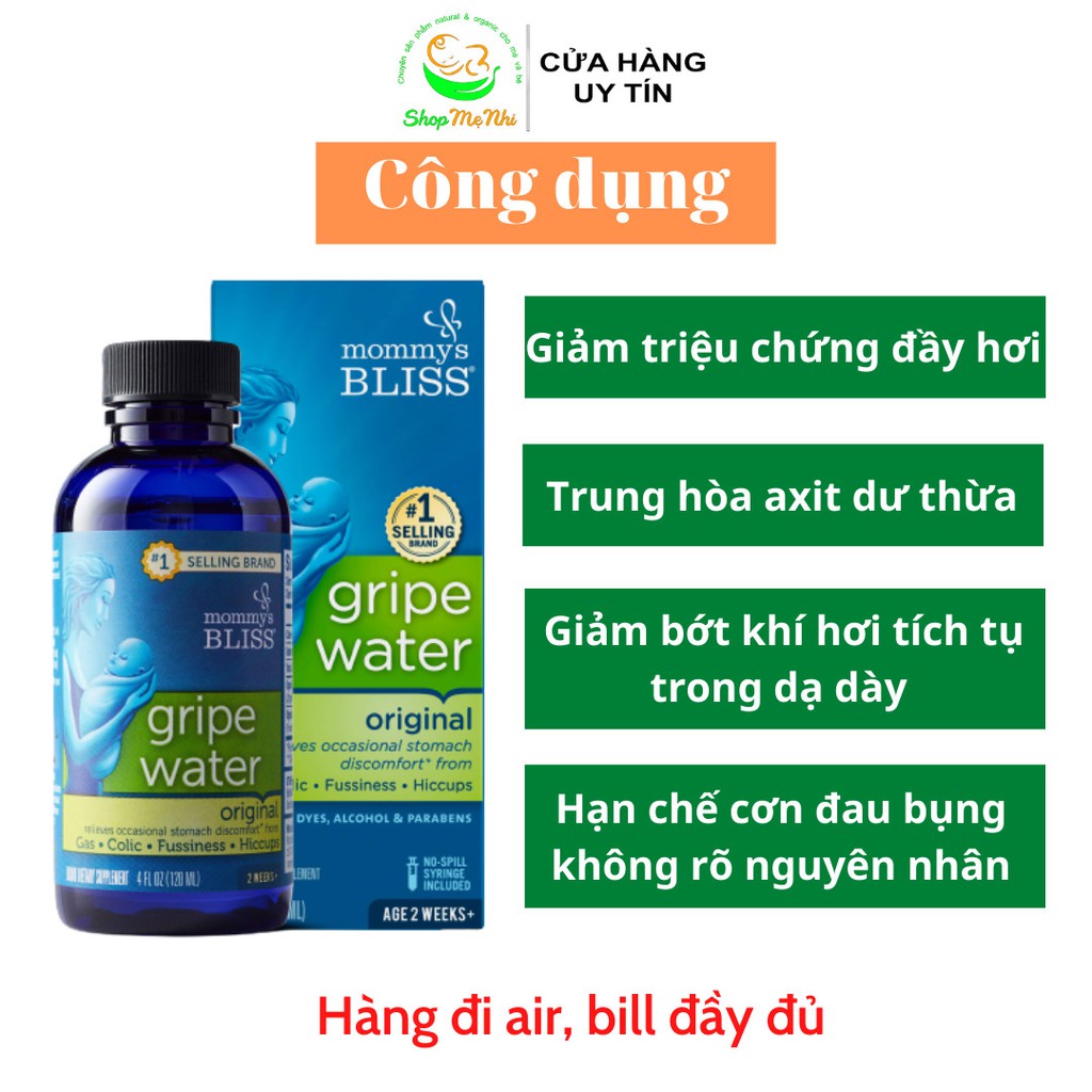 Siro Gripe Water Mommys Bliss hỗ trợ tiêu ga, giảm đầy hơi, giảm đau bụng ở trẻ sơ sinh.