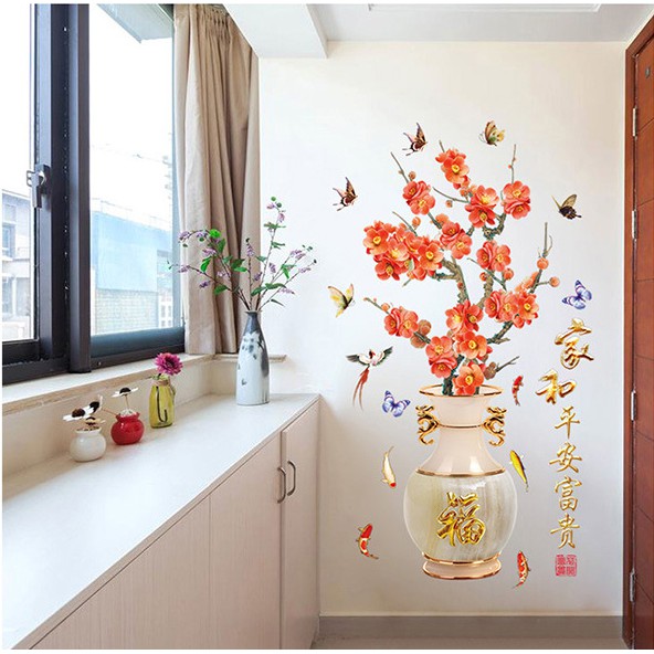 Decal dán tường Bình hoa đào đỏ