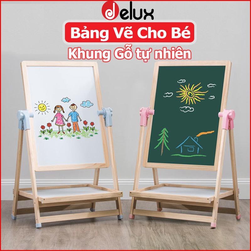 Bảng vẽ cho bé thông minh, bảng 2 mặt xanh và trắng cho bé học viết, học chữ khung gỗ sồi cao cấp