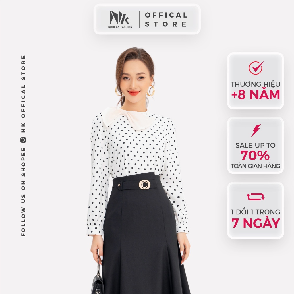 Áo Sơ Mi Nữ Dài Tay NK Fashion Cổ Phối Nơ Hoạ Tiết Chấm Bi, Chất Voan Lụa Mềm Mịn NKSM2112006