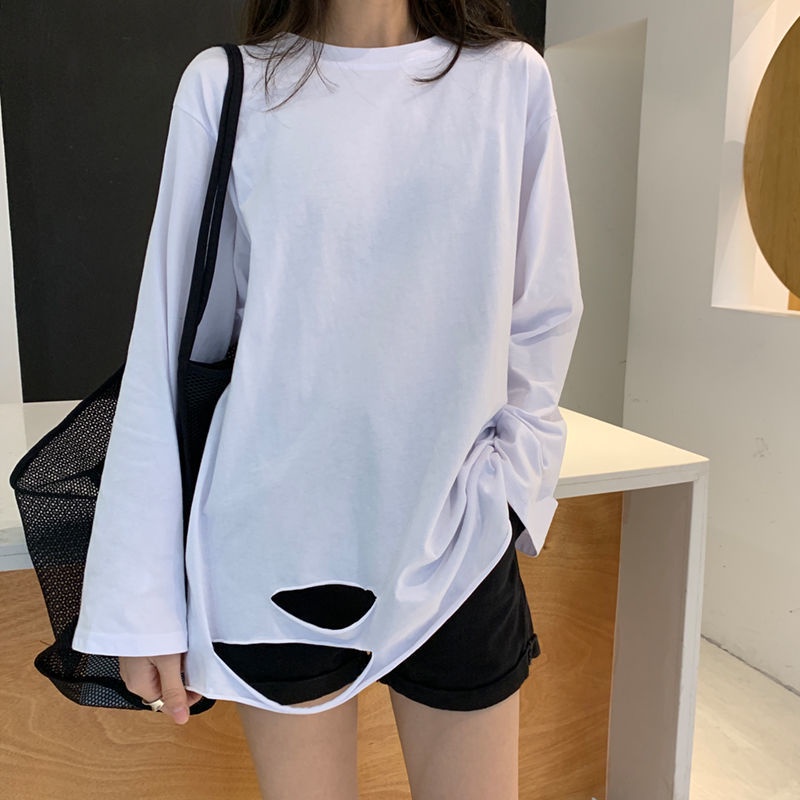 Áo thun dài tay xẻ tà phong cách Hàn Quốc, cotton tinh khiết, áo có đáy trong, áo dài giữa
