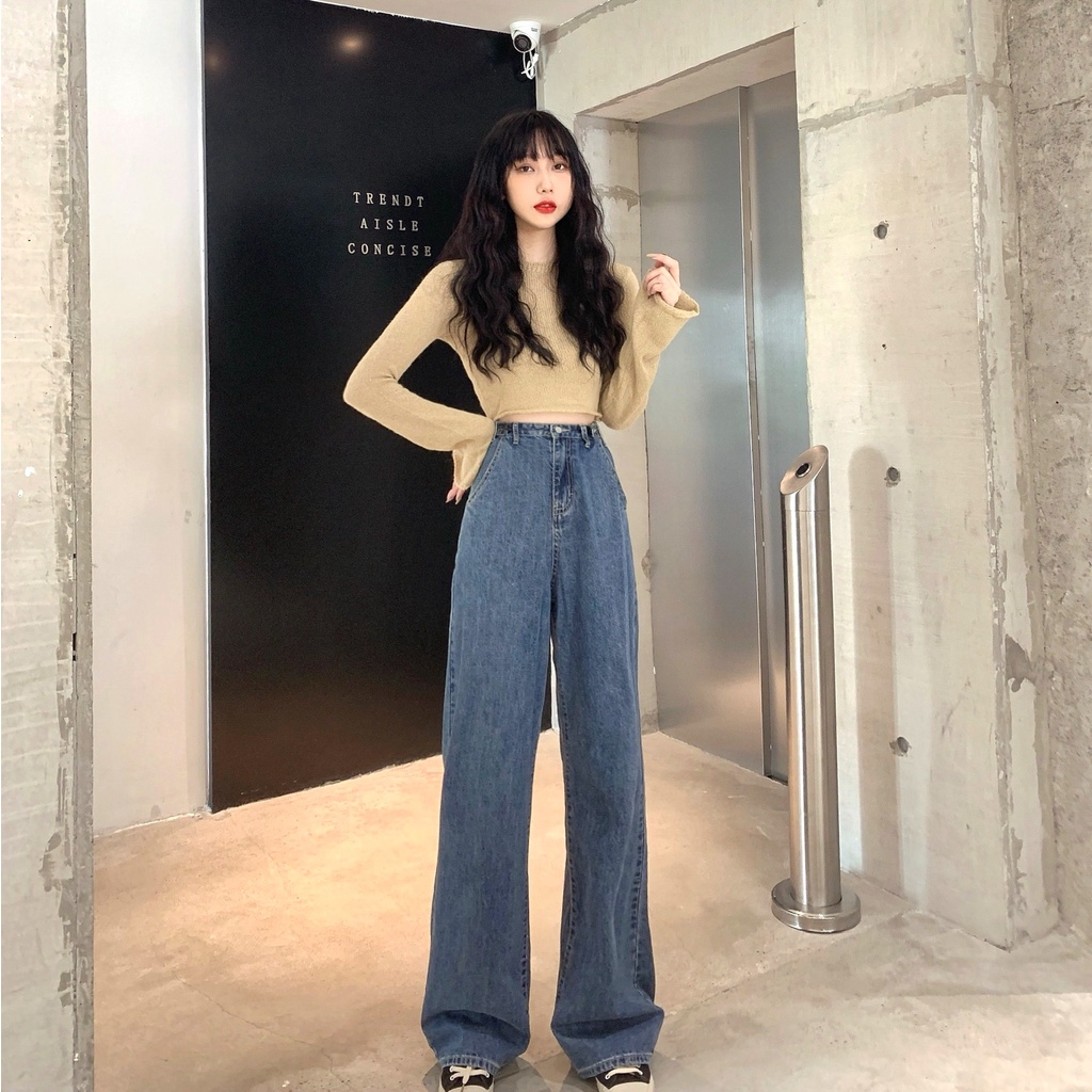 Quần jean ống rộng dài quần bò dáng suông lưng cao WANAWEAR chất liệu denim dày dặn mềm mại hot trend