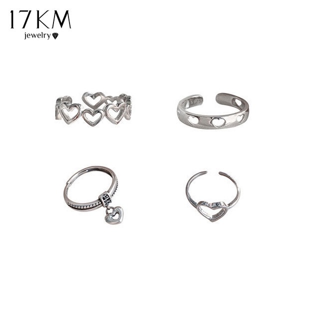 Set 4 nhẫn 17KM mạ bạc thiết kế trái tim khoét lỗ phong cách Hàn Quốc thời trang dành cho nữ